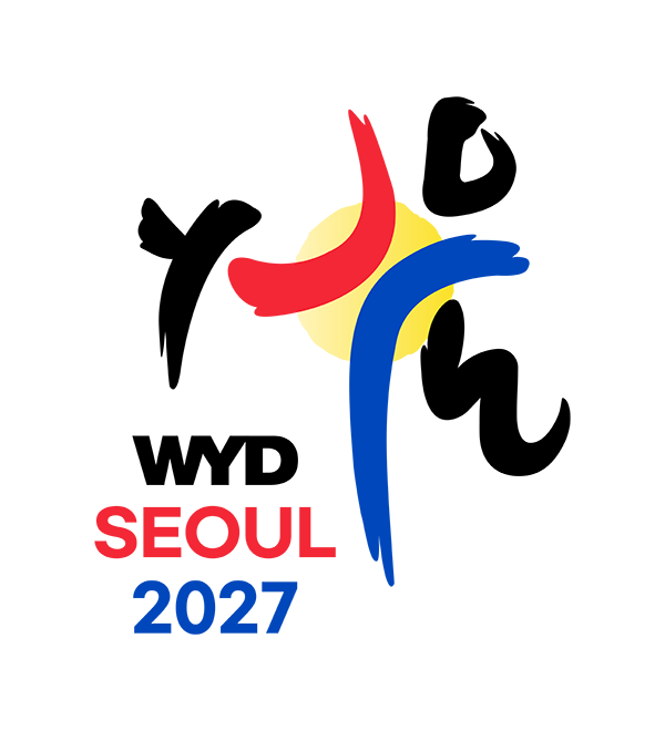 Colorful abstract logo featuring interconnected shapes in red, yellow, blue, and black, symbolizing unity and creativity. Text reads: WYD SEOUL 2027.
